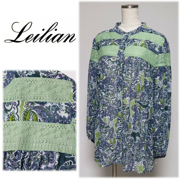 《Leilian レリアン》新品 薄手 涼やかな風合い 豪華レース ペイズリー柄シャツ 13＋ 大きいサイズ A9887