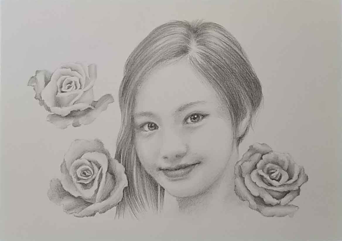 Dibujo a lápiz de una hermosa mujer según la obra de Shin ``Rose Shine No. 10.2019BA'' de Yuji Kurita Tamaño A4 alto 210 x ancho 297 mm *marco no incluido., obra de arte, cuadro, dibujo a lápiz, dibujo al carbón
