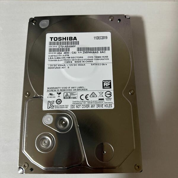 Z2:（動作保証/AVコマンド対応/使用0時間）SATA 3.5インチHDD 3TB 3000GB TOSHIBA DT01ABA300