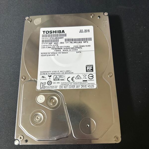 Z1:（動作保証/AVコマンド対応/使用0時間）SATA 3.5インチHDD 3TB 3000GB TOSHIBA DT01ABA300V