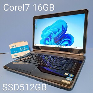 ★最強CoreI7★メモリ16GB★新品SSD512GB NEC/LL750/F/YAMAHAスピーカー/クリスタルブラック/Windows11Pro/ブルーレイ/Office2019H&B/lavie