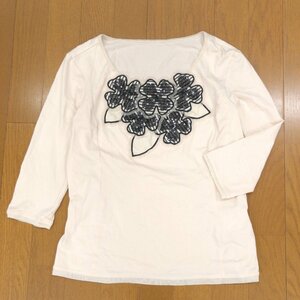 HIROKO BIS ヒロコビス スパンコールデザイン ストレッチ カットソー 11(L) ベージュ 七分袖 ロンT Tシャツ レディース ヒロココシノ