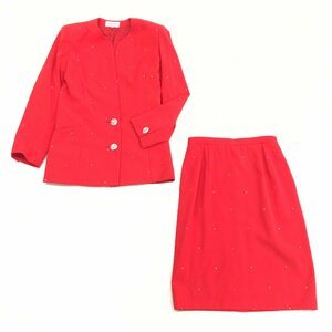 ●HANAE MORI ハナエモリ ヴィンテージ ビジュー装飾 スカート スーツ 上下セットアップ 38(M) 赤 ジャケット フォーマル 古着 レトロ