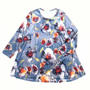 Fitme Moi フィットミーモア 総柄 ストレッチ チュニック カットソー ELL(3XL) グレー系 日本製 花柄 ロンT Tシャツ 4L ゆったり 大きい