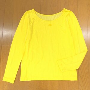 Courreges クレージュ ヴィンテージ ロゴ刺繍 オープンネック カットソー 9(M) イエロー ロンT Tシャツ レディース 古着 レトロ