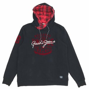 ●トルコ製 GAUDI JEANS ガウディ フロッキープリント ナンバリング スウェット パーカー 52(XXL相当) 黒×赤 裏起毛 特大 大きい 2XL 3L