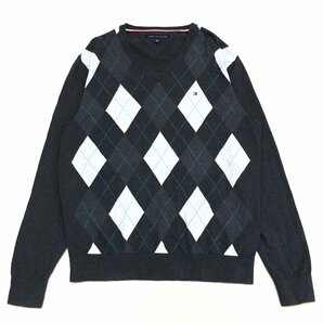 ●TOMMY HILFIGER トミーヒルフィガー ロゴ刺繍 アーガイル柄 コットン ニット セーター XL ダークグレー 2L LL 特大 大きいサイズ メンズの画像1