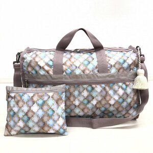 ●美品 LeSportsac レスポートサック 2Way 水彩柄 ポーチ付き ボストンバッグ グレージュ ショルダーバッグ タッセル付き トラベルバッグ