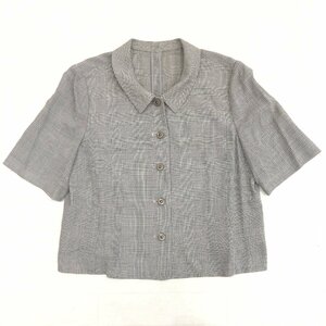 Leilian レリアン ウール100% グレンチェック サマージャケット 13(XL) チャコールブラウン系 日本製 半袖 羽織り LL 2L ゆったり 大きい