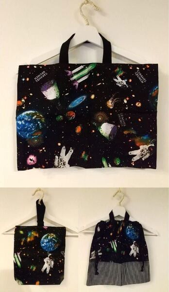 ★宇宙柄3点セット☆☆レッスンバッグ、上靴入れ、巾着大ハンドメイド