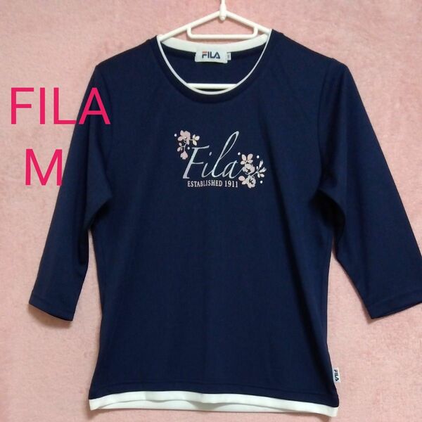 【FILA☆フィラ】テニスウェア　Tシャツ　７分袖　ネイビー　ラメ＆ビジュー　M　9号