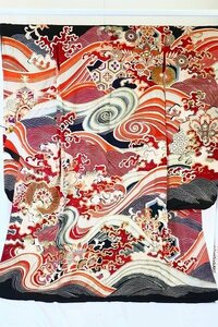 【着物フィ】アンティーク 振袖 身丈173cm 黒 吉祥 正絹 金駒刺繍 花車 大正ロマン レトロ 結婚式 ビビット 15867