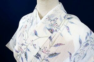 [ free shipping ] small thousand ........ flax fine pattern eggshell white plant pattern length 159cm sleeve length 64.5cm chopsticks collar stylish brand new kimono m-5928