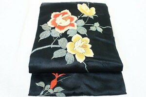 【着物フィ】アンティーク 名古屋帯 黒 バラ 薔薇 刺繍 3m40cm 大正ロマン レトロ お洒落 正絹 仕立て上がり 15873