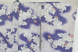 【着物フィ】アンティーク 小紋 身丈146cm 薄紫 バラ 薔薇 綿 大正ロマン レトロ 仕立て上がり kimono 袷 15865