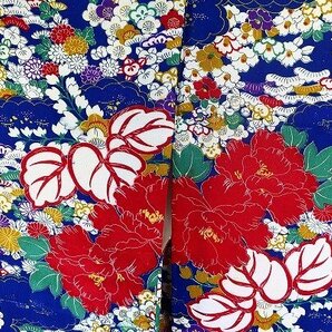 【着物フィ】アンティーク 小紋 カラフル 身丈155cm 青 ビビット 大正ロマン レトロ 仕立て上がり kimono 袷 15938の画像5