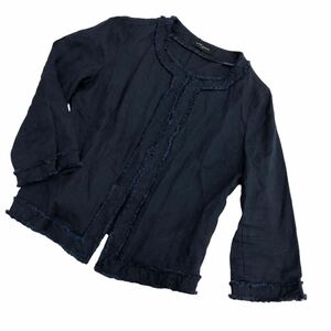 NS122 UNITED ARROWS ユナイテッドアローズ 麻100% ノーカラージャケット ジャケット 羽織り 上着 トップス レディース 38 ネイビー 紺