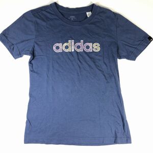 アディダス adidas 半袖Tシャツ レディース XS 丸首 文字、ロゴ ネイビー 紺 やや美品 中古 送料185円