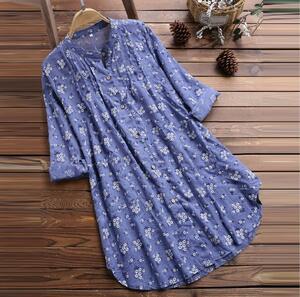  autumn new work blouse easy large size long sleeve tunic shirt One-piece A line thin tops small floral print cotton flax blue 