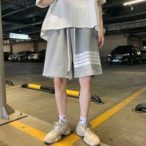 【送料無料】ラインパンツ 半ズボン ハーフパンツ 膝丈 グレー 韓国 ストリート系の画像3