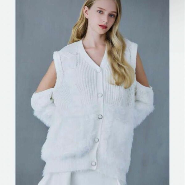 riu Fur switching knit cardigan ホワイト