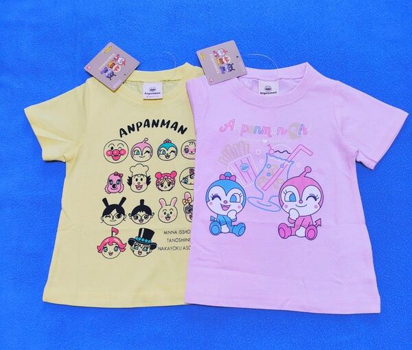 新品　90cm　アンパンマン　半袖Ｔシャツ2枚セット　ソーダ柄ピンク×ガールズキャラ柄イエロー