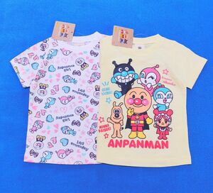 新品　95cm　アンパンマン　それいけ!半袖Ｔシャツ2枚セット　５キャラ柄クリーム×総柄ホワイト