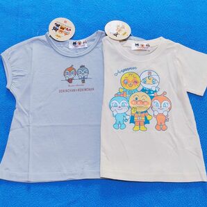 新品　90cm　アンパンマン　半袖Ｔシャツ2枚セット　ドキンコキン柄ブルー×５キャラ柄アイボリー