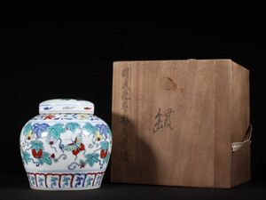 「明 成化年製 陶磁器 鬥彩瓜果紋 天字罐」染付 置物 擺件 古賞物 中国古美術 旧蔵出