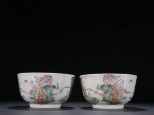 「清 同治年製 陶磁器 粉彩人物故事碗一対」染付 置物 擺件 古賞物 中国古美術 旧蔵出