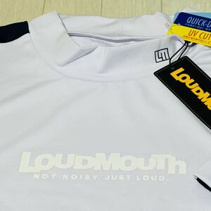 新品★ラウドマウス LOUDMOUTH ロゴデザイン 配色切替 吸汗速乾 接触冷感 ストレッチ 半袖モックネックシャツ/ホワイト/サイズXL/送料185円