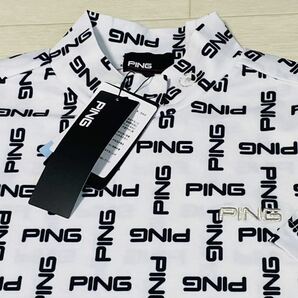 新品◆PING GOLF ピン ゴルフ PING総柄プリント 吸水速乾 半袖モックネックシャツ/ホワイト×ブラック/サイズL/送料185円の画像1