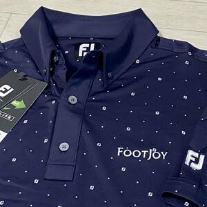 新品★FootJoy フットジョイ FJロゴ×ダイヤ柄 吸汗速乾 4wayストレッチ 半袖ボタンダウンシャツ★ネイビー★サイズL★送料185円