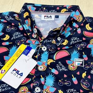 新品★フィラ ゴルフ FILA GOLF トロピカルプリント 吸汗速乾 半袖ボタンダウンシャツ★ネイビー★サイズL★送料185円