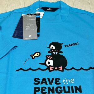 新品★マンシングウェア Munsingwear ゴルフウェア SAVE THE PENGUIN×TAROUT 吸汗速乾 半袖モックネックシャツ/ブルー/サイズM/送料185円