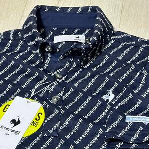 新品★ルコック ゴルフ ロゴ総柄プリント GOLFER'S CUTTING 吸汗速乾 半袖ボタンダウンシャツ★ネイビー★サイズM★送料185円