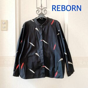 【REBORN】長袖　半袖　メンズ　シャツ　羽織り　羽根　ブラック　刺繍　黒