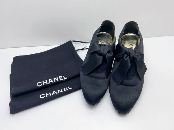 X168 シャネル CHANEL スエード ショートブーツ パンプス リボン ヒール 35