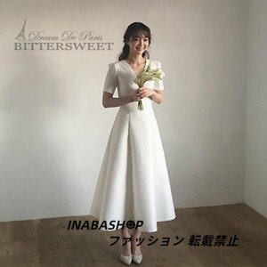 ウェディングドレス ウエディングドレス ワンピース Aライン パフスリーブ ミモレ Vネック 披露宴 結婚式 演奏会 発表会 海外挙式ドレス