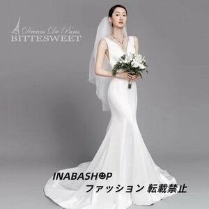 ノースリーブ ウエディングドレス ウェディングドレス Vネック ファスナータイプ トレーンタイプ マーメイドタイプ 結婚式 海外挙式ドレス