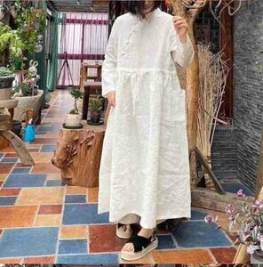 lgn 1722 ロングワンピース ステンド衿 アンティーク風 洋服ミックス ロマンファッション ポップ 麻100％ リネン ホワイト