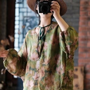 lgn 1996 Vネック チュニック 襤褸 アンティーク風 洋服ミックス ロマンファッション ポップ ゆったり 麻100％ リネン 花柄 グリーンの画像5