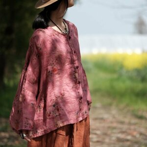 lgn 2043-1 花柄 チュニック 襤褸 アンティーク風 洋服ミックス ロマンファッション ポップ ゆったり 麻100％ リネン