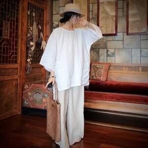 lgn 1645 white tunic antique manner Western-style clothes Mix romance fashion pop easy flax 100%linen sunscreen 