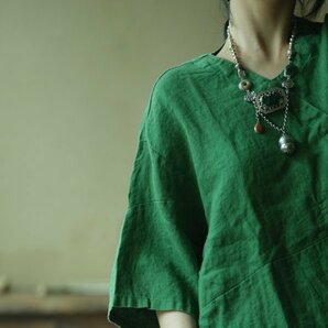 lgn 1701 袢纏 チュニック アンティーク風 洋服ミックス ロマンファッション ポップ 楽ちん 麻100％リネン グリーン系の画像3