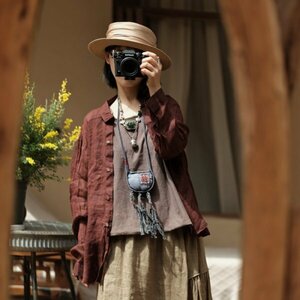 lgn 2040-4 shirt tunic antique manner Western-style clothes Mix romance fashion flax 100%linen