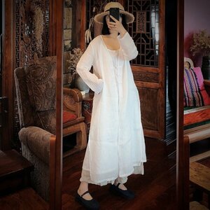 lgn1661 ロングカーディガン チュニック 襤褸 アンティーク風 洋服ミックス ロマンファッション ホワイト 麻100％リネン