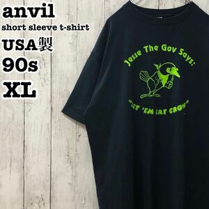 90s anvil アンビル USA製 アメリカ古着 英字 カラス 両面プリント 半袖Tシャツ XL