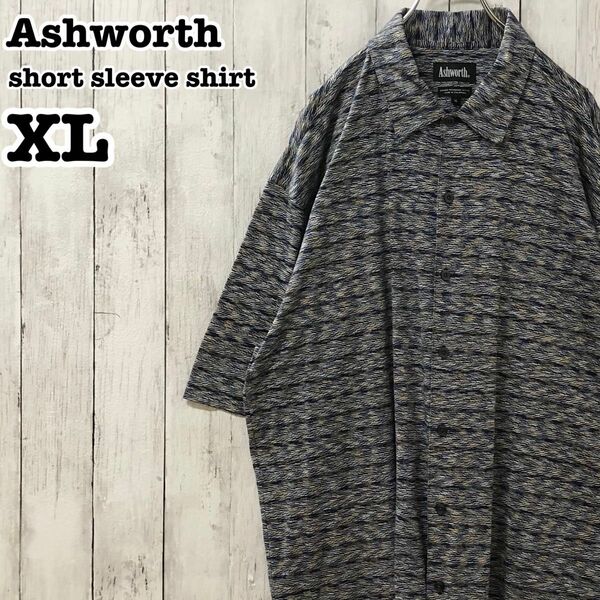 Ashworth US アメリカ古着 刺繍ロゴ 総柄 半袖シャツ XL