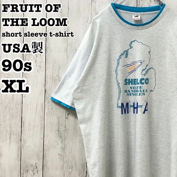 90s フルーツオブザルーム USA製 アメリカ古着 重ね着風 英字 プリント 半袖Tシャツ XL